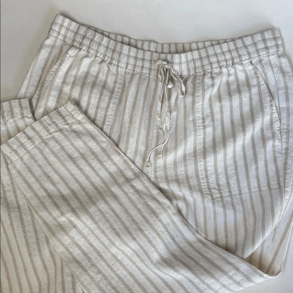 J Crew Linen‎ Cotton Beige Cream Striped Pull On Pants Beach Women’s Large Tall